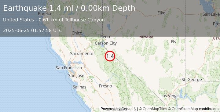 Earthquake 8 km S of Walker, California (1.4 ml) (2025-06-25 01:57:58 UTC)
