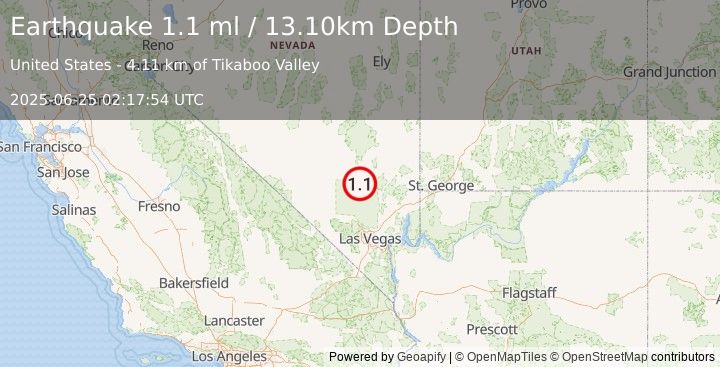 Earthquake 31 km SW of Alamo, Nevada (1.1 ml) (2025-06-25 02:17:54 UTC)