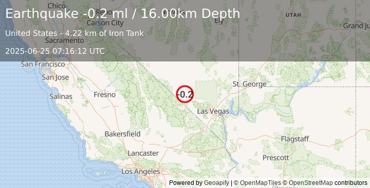Earthquake 40 km ESE of Beatty, Nevada (-0.2 ml) (2025-06-25 07:16:12 UTC)