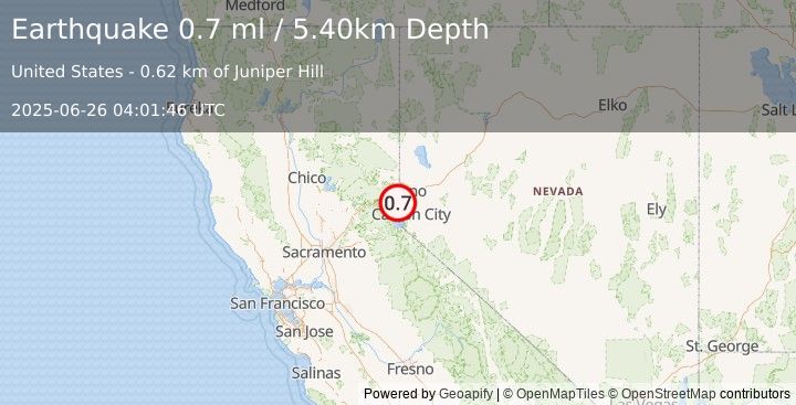 Earthquake 5 km S of Floriston, California (0.7 ml) (2025-06-26 04:01:46 UTC)