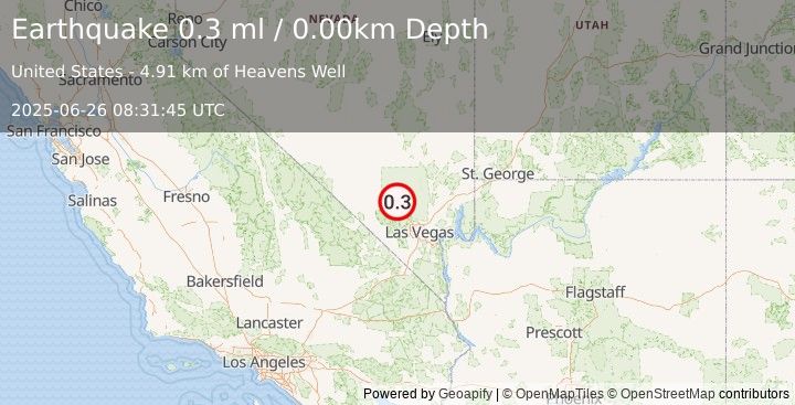 Earthquake 10 km NE of Indian Springs, Nevada (0.3 ml) (2025-06-26 08:31:45 UTC)