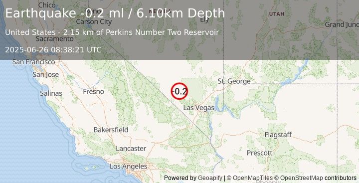 Earthquake 33 km WNW of Indian Springs, Nevada (-0.2 ml) (2025-06-26 08:38:21 UTC)