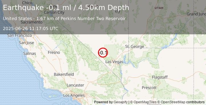Earthquake 35 km WNW of Indian Springs, Nevada (-0.1 ml) (2025-06-26 11:17:05 UTC)