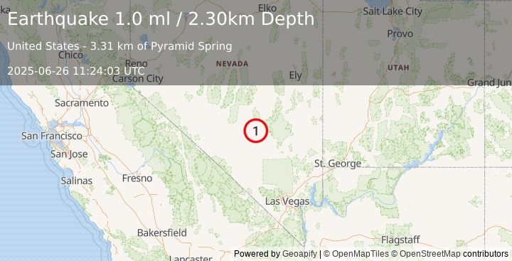 Earthquake 43 km NW of Rachel, Nevada (1.0 ml) (2025-06-26 11:24:03 UTC)
