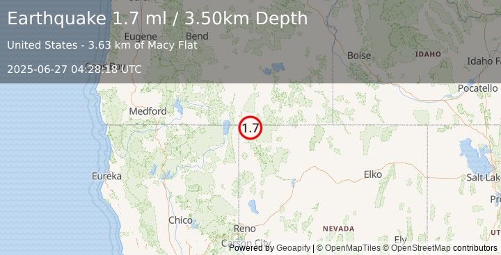 Earthquake 44 km E of Fort Bidwell, California (1.7 ml) (2025-06-27 04:28:18 UTC)