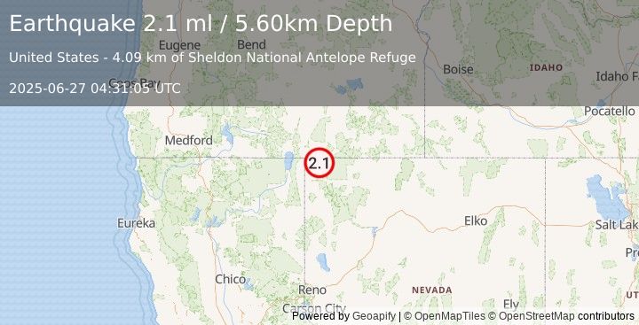 Earthquake 43 km E of Fort Bidwell, California (2.1 ml) (2025-06-27 04:31:05 UTC)