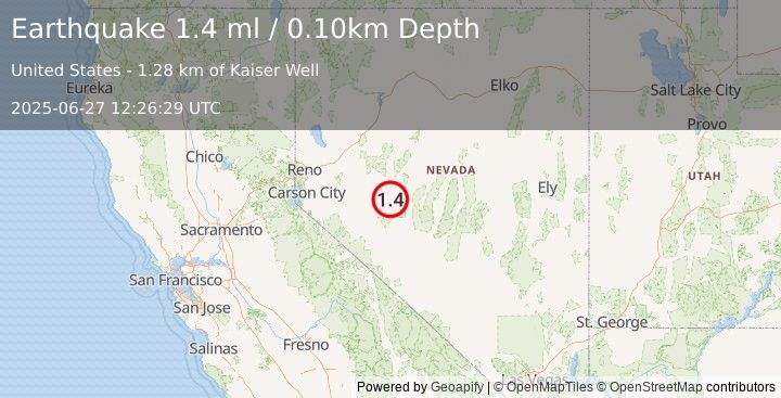 Earthquake 24 km NNW of Gabbs, Nevada (1.4 ml) (2025-06-27 12:26:29 UTC)