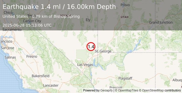 Earthquake 24 km SSW of Caliente, Nevada (1.4 ml) (2025-06-28 05:13:06 UTC)