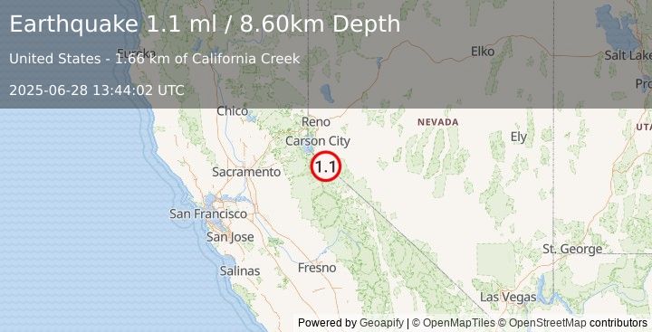 Earthquake 2 km SW of Topaz Lake, Nevada (1.1 ml) (2025-06-28 13:44:02 UTC)