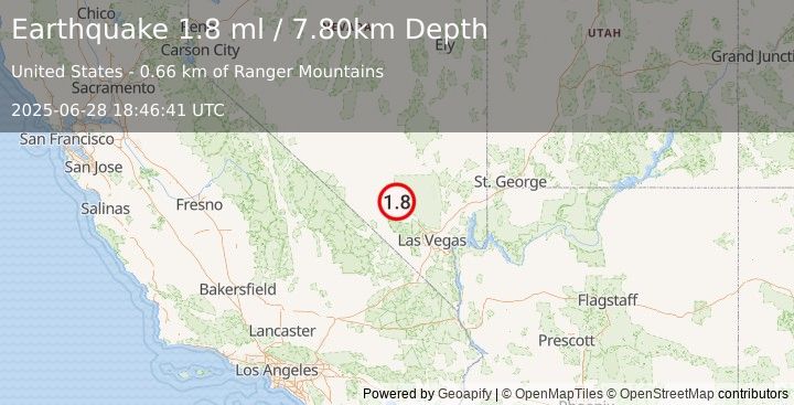 Earthquake 26 km NW of Indian Springs, Nevada (1.8 ml) (2025-06-28 18:46:41 UTC)