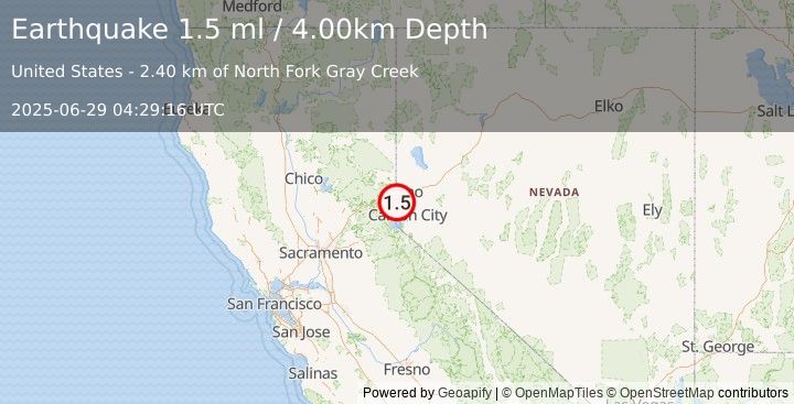 Earthquake 5 km SE of Floriston, California (1.5 ml) (2025-06-29 04:29:16 UTC)