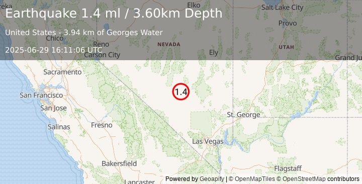Earthquake 57 km WNW of Rachel, Nevada (1.4 ml) (2025-06-29 16:11:06 UTC)