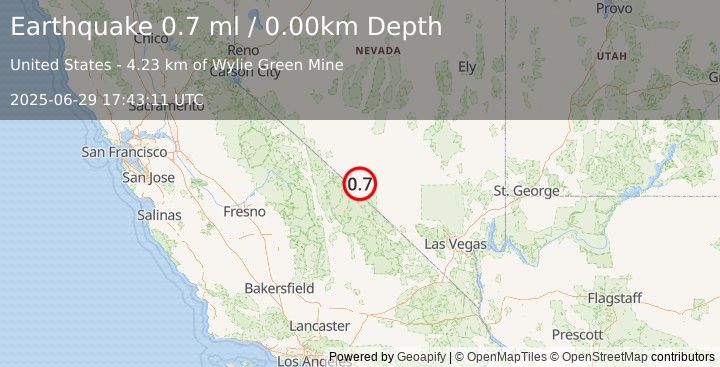 Earthquake 53 km S of Goldfield, Nevada (0.7 ml) (2025-06-29 17:43:11 UTC)