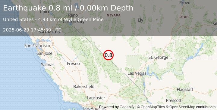 Earthquake 53 km S of Goldfield, Nevada (0.8 ml) (2025-06-29 17:45:39 UTC)