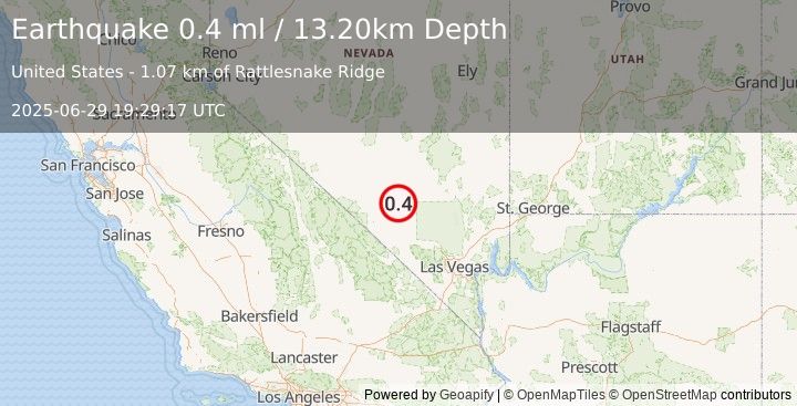 Earthquake 53 km ENE of Beatty, Nevada (0.4 ml) (2025-06-29 19:29:17 UTC)
