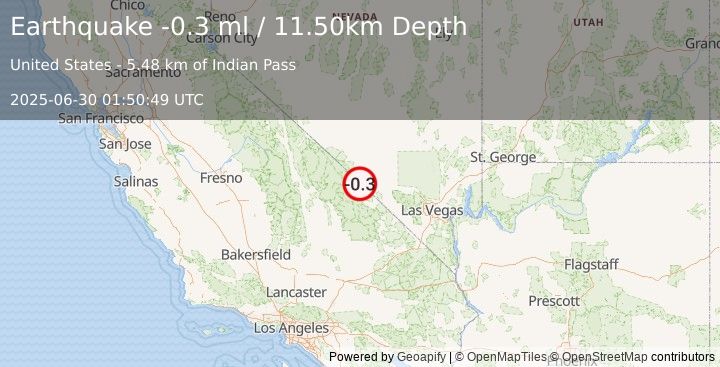 Earthquake 23 km NNE of Furnace Creek, California (-0.3 ml) (2025-06-30 01:50:49 UTC)