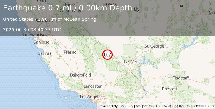 Earthquake 23 km NW of Furnace Creek, California (0.7 ml) (2025-06-30 08:40:33 UTC)