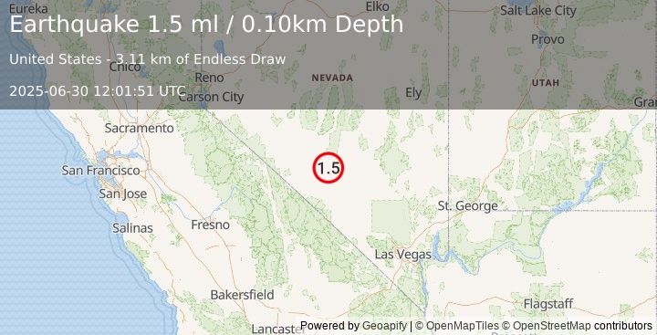 Earthquake 29 km ENE of Goldfield, Nevada (1.5 ml) (2025-06-30 12:01:51 UTC)