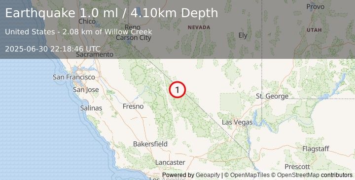 Earthquake 45 km SSE of Dyer, Nevada (1.0 ml) (2025-06-30 22:18:46 UTC)