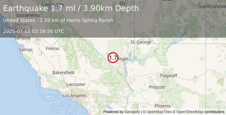 Earthquake 9 km ESE of Mount Charleston, Nevada (1.7 ml) (2025-07-01 02:16:56 UTC)