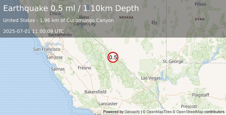 Earthquake 46 km SSE of Dyer, Nevada (0.5 ml) (2025-07-01 11:00:09 UTC)