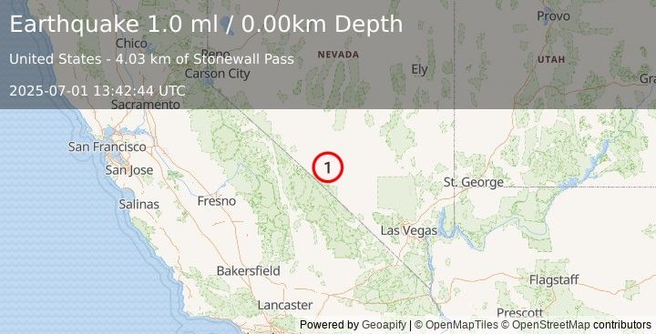 Earthquake 37 km SSE of Goldfield, Nevada (1.0 ml) (2025-07-01 13:42:44 UTC)