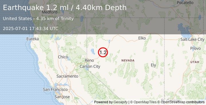 Earthquake 32 km SW of Lovelock, Nevada (1.2 ml) (2025-07-01 17:43:34 UTC)