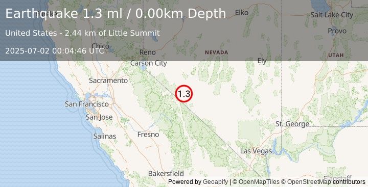 Earthquake 31 km SSW of Mina, Nevada (1.3 ml) (2025-07-02 00:04:46 UTC)