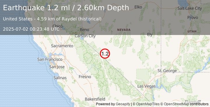 Earthquake 33 km SSW of Mina, Nevada (1.2 ml) (2025-07-02 00:23:48 UTC)