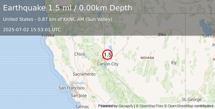 Earthquake 8 km NW of Spanish Springs, Nevada (1.5 ml) (2025-07-02 15:53:01 UTC)