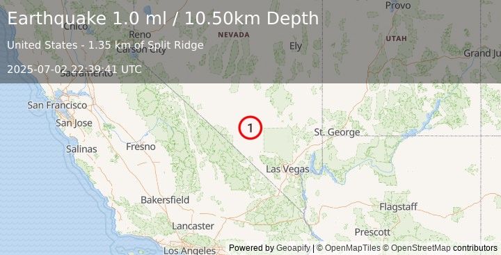 Earthquake 51 km NE of Beatty, Nevada (1.0 ml) (2025-07-02 22:39:41 UTC)