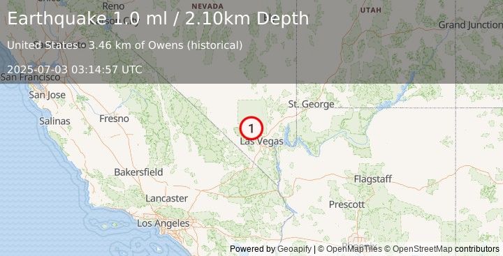 Earthquake 20 km ESE of Indian Springs, Nevada (1.0 ml) (2025-07-03 03:14:57 UTC)
