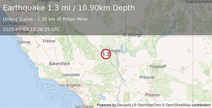 Earthquake 15 km SW of Blue Diamond, Nevada (1.3 ml) (2025-07-03 19:28:55 UTC)