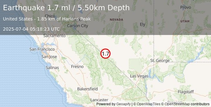 Earthquake 26 km S of Silver Peak, Nevada (1.7 ml) (2025-07-04 05:18:23 UTC)