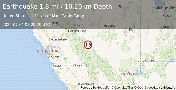 Earthquake 36 km ENE of Mono City, California (1.8 ml) (2025-07-04 07:25:29 UTC)