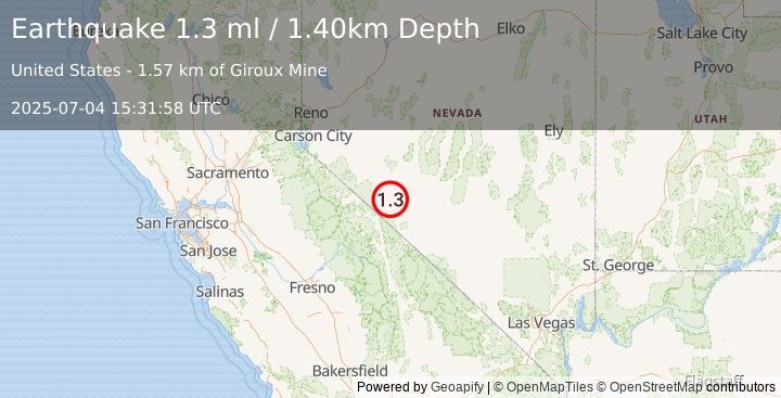 Earthquake 27 km SSW of Mina, Nevada (1.3 ml) (2025-07-04 15:31:58 UTC)