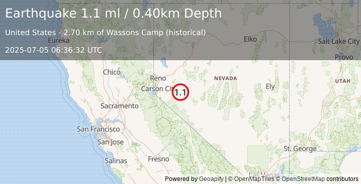 Earthquake 10 km N of Schurz, Nevada (1.1 ml) (2025-07-05 06:36:32 UTC)