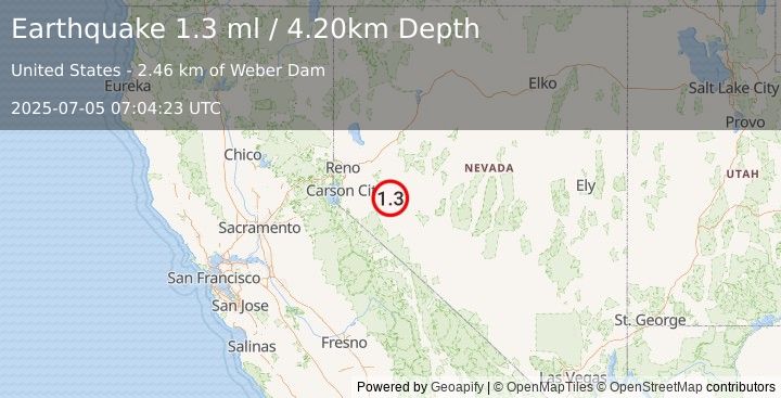 Earthquake 8 km NNW of Schurz, Nevada (1.3 ml) (2025-07-05 07:04:23 UTC)