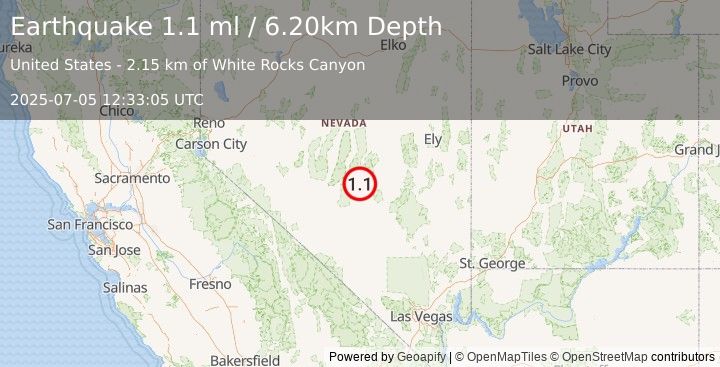 Earthquake 79 km NE of Tonopah, Nevada (1.1 ml) (2025-07-05 12:33:05 UTC)