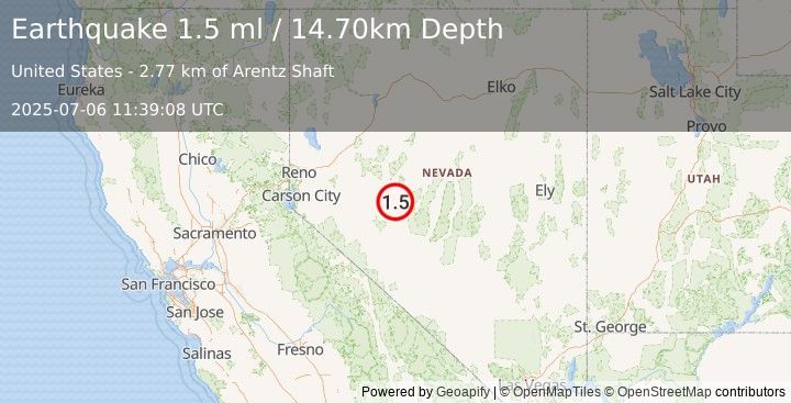 Earthquake 22 km N of Gabbs, Nevada (1.5 ml) (2025-07-06 11:39:08 UTC)