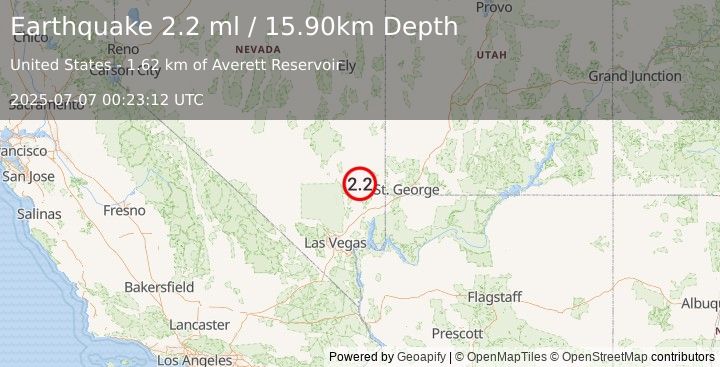 Earthquake 46 km S of Caliente, Nevada (2.2 ml) (2025-07-07 00:23:12 UTC)