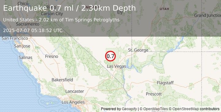 Earthquake 22 km NNE of Indian Springs, Nevada (0.7 ml) (2025-07-07 05:18:52 UTC)