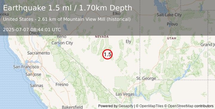 Earthquake 84 km ENE of Tonopah, Nevada (1.5 ml) (2025-07-07 08:44:01 UTC)