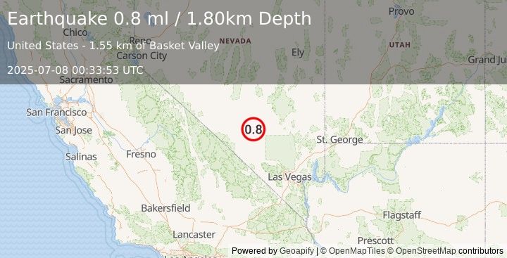 Earthquake 56 km SW of Rachel, Nevada (0.8 ml) (2025-07-08 00:33:53 UTC)