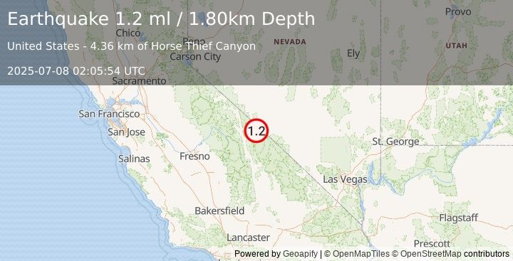 Earthquake 37 km SSE of Dyer, Nevada (1.2 ml) (2025-07-08 02:05:54 UTC)