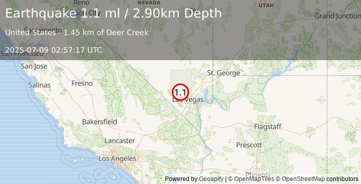 Earthquake 24 km SE of Indian Springs, Nevada (1.1 ml) (2025-07-09 02:57:17 UTC)
