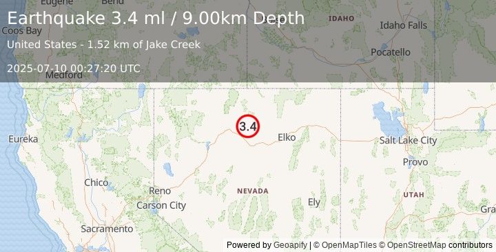 Earthquake 35 km NNE of Valmy, Nevada (3.4 ml) (2025-07-10 00:27:20 UTC)