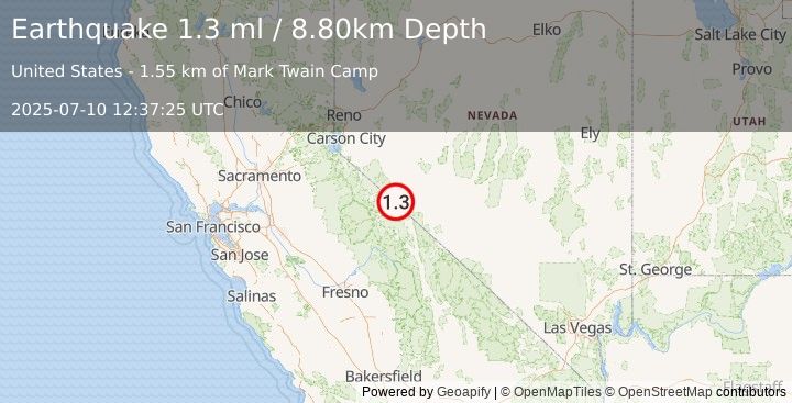 Earthquake 35 km ENE of Mono City, California (1.3 ml) (2025-07-10 12:37:25 UTC)