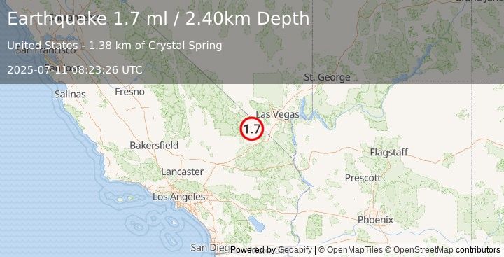 Earthquake 25 km ESE of Tecopa, California (1.7 ml) (2025-07-11 08:23:26 UTC)