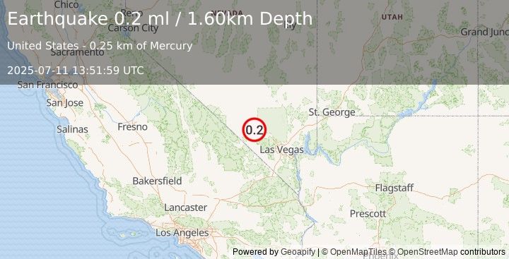 Earthquake 30 km WNW of Indian Springs, Nevada (0.2 ml) (2025-07-11 13:51:59 UTC)